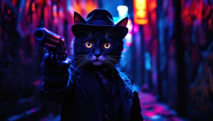 A Cat in a Suit, Holding a Gun, in a Neon-Lit Alleyway