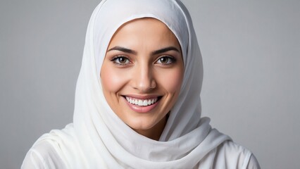Close-up portrait of a young woman in a white hijab smiling warmly against a light background