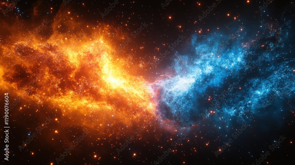 Poster cosmic collision colorful depiction of two proton particles colliding on black background