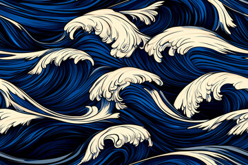 Fototapeta premium A wave with white and blue colors. The wave is very large and has a lot of detail, including the white foam on top of it. The painting has a calming and serene mood