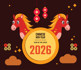 Red Horse illustrations collection. Chinese new year 2026 year of the Horse, 2026 poster. Horse silhouette, asian clouds on red background. Astrology China lunar calendar geometric flat modern style.
