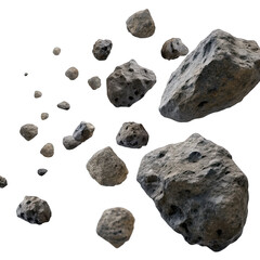 A collection of flying asteroids appears to be soaring through space against a completely blank backdrop showcasing their irregular shapes and textures