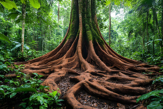 Imposing Tree with Exposed Roots in a Lush Rainforest