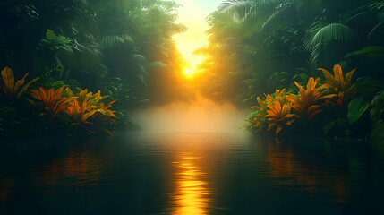 Fototapeta premium Magical Jungle River at Sunset with Misty Atmosphere