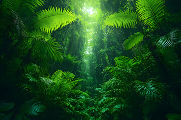 Obraz premium Lush Tropical Jungle with Sunlight Streaming Through Dense Foliage