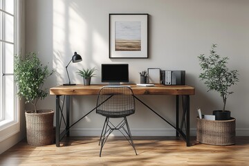 Stylish industrial desk with oak top and black legs in minimalist home office, featuring wire mesh chair, modern lamp, and decorative plants.
