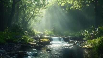 Enchanting Forest Glowing with Sun Rays and Peaceful Nature Bliss Photo