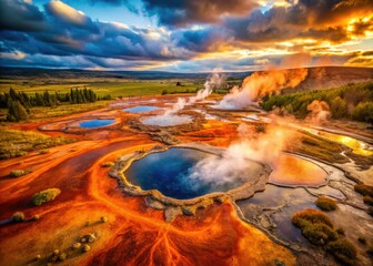 Naklejka premium Drone footage reveals Strokkur geyser's dramatic eruption in Iceland's otherworldly Haukadalur geothermal area.