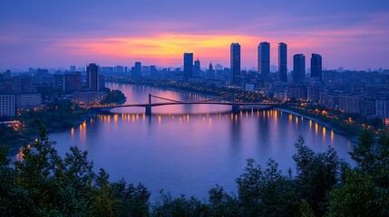 Fototapeta premium Sunrise Cityscape River Bridge Skyline View.