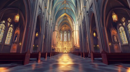 Fototapeta premium Grand cathedral interior, sunlight beams