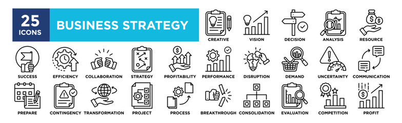 Business Strategy icon collection set. Containing design Creative Planning, Vision, Decision, Analysis, Resource