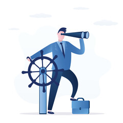 Businessman captain control rudder helm. Leadership to lead company direction, vision to see opportunities and goals. Skill to overcome challenge © naum