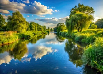 Obraz premium Essex's Chelmer River: calm waters reflecting the peaceful British countryside landscape.