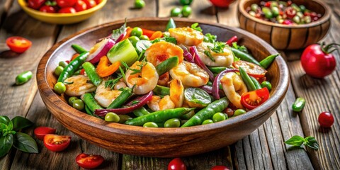 Enjoy a refreshing summer lunch bowl: shrimp salad with crunchy wing beans, tossed in a zesty dressing.