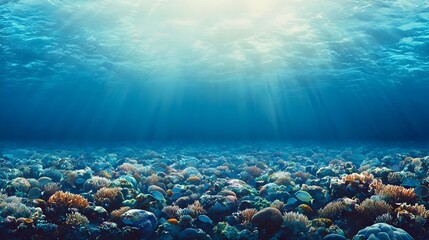 Underwater Coral Reef Scene Sunbeams Ocean Floor Marine Life