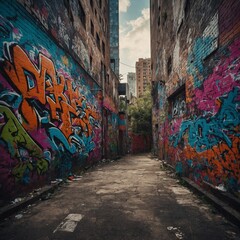 A modern cityscape featuring vibrant graffiti walls and urban art.