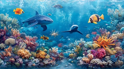 Obraz premium Vibrant Coral Reef Scene Sharks Fish Ocean Life