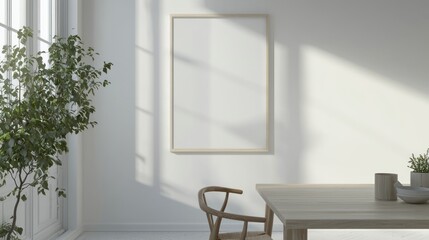 Modern Minimalist Interior Design: Sunlit Room with Wooden Table, Chair, and Blank Canvas