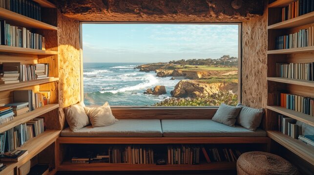 Create an Inspiring Atmosphere for Your Virtual Presentations with a Cozy Ocean View Meeting Room Background