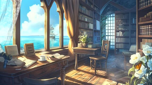 Cozy library with sunlight streaming through windows and an open book on a table. Seamless looping video animation.