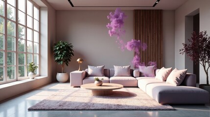Serene Living Room with Lavender-Hued Airy Vapor and Plush Sectional Sofa