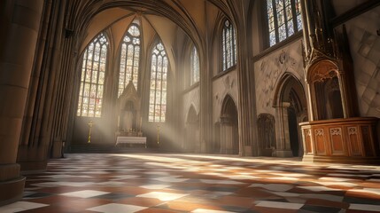 Sunlit interior of a grand cathedral