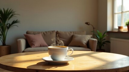 A steaming cup of coffee on a sunlit wooden table in a cozy living room