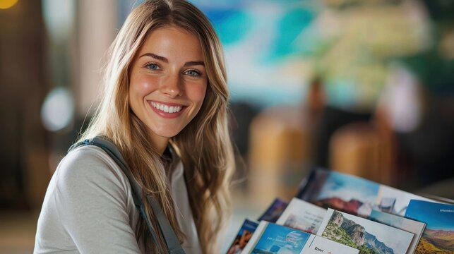 A smiling travel agent posing with travel brochures.