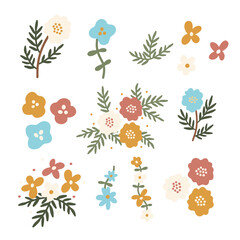 Collection of spring colorful flower elements vector. Set floral of wildflower, leaf branch, foliage on white background. Hand drawn blossom illustration for decor, easter, sticker, clipart, print.