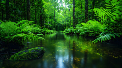 Lush Rainforest River Landscape: Tranquil Scene of a Calm River Flowing Through a Dense Tropical Forest
