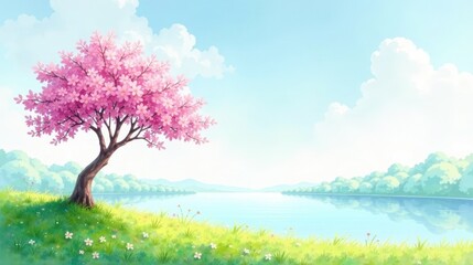 Serene Springtime Vista A Blossoming Tree by a Tranquil Lake Under a Gentle Sky