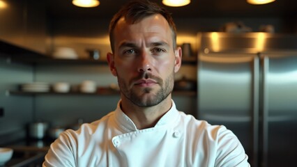 Fototapeta premium Portrait of a chef in a crisp white jacket, blurred kitchen background with warm lighting. Confident expression and detailed facial textures evoke culinary mastery. No visible hands or tools.