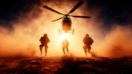 Soldiers Extracting Under Fire: Silhouetted soldiers sprint towards a hovering helicopter amidst a dramatic, dusty sunset, conveying urgency and intense action. 