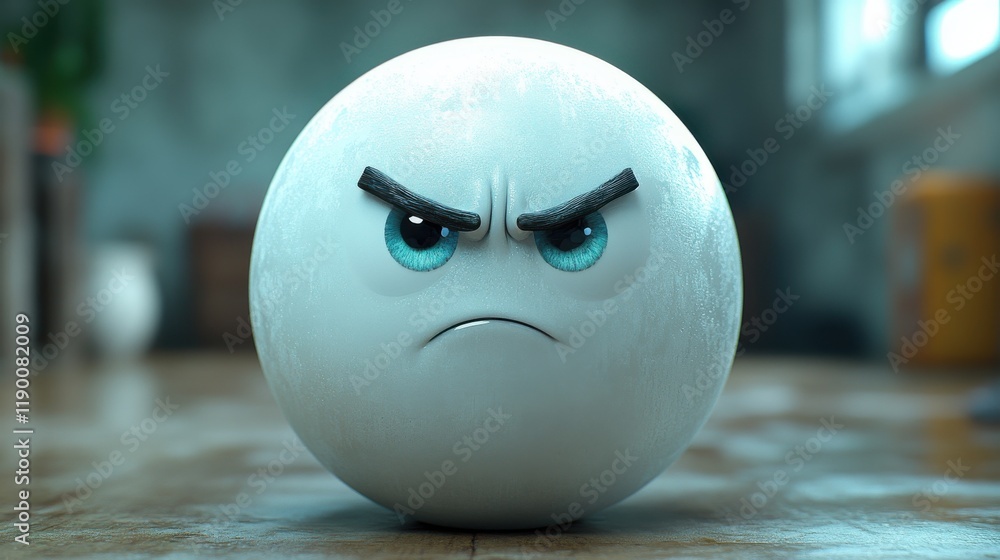 Poster digital 3d rendering of a white sphere with a stylized function representing the thinking face emoj