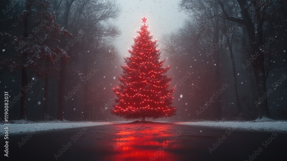 Poster digital composite of christmas tree with red lights and snow falling in forest