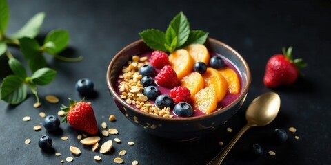 A vibrant and healthy breakfast bowl brimming with assorted berries, crunchy granola, and juicy peach slices, artfully arranged for a delightful and nutritious start to the day.
