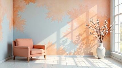 Serene Living Room with Peach and Pale Blue Watercolor Wall Art, Modern Armchair, and Blooming Branches in a Vase