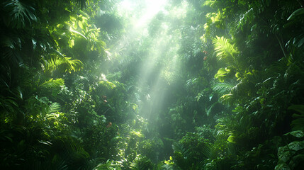 Fototapeta premium Lush Green Forest Bathed in Sunlight, Vibrant Tropical Foliage and Sunlight Rays