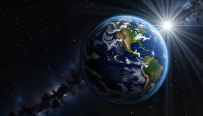 Fototapeta premium Photorealistic image of Earth in space with sunlight halo effect on Earth Day