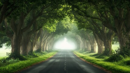 Obraz premium Car drives on rural road with tree alley on thick fog