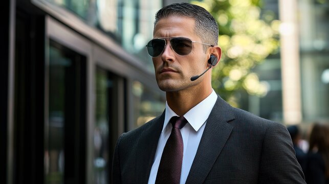 A suited secret service agent standing guard with sunglasses and an earpiece.