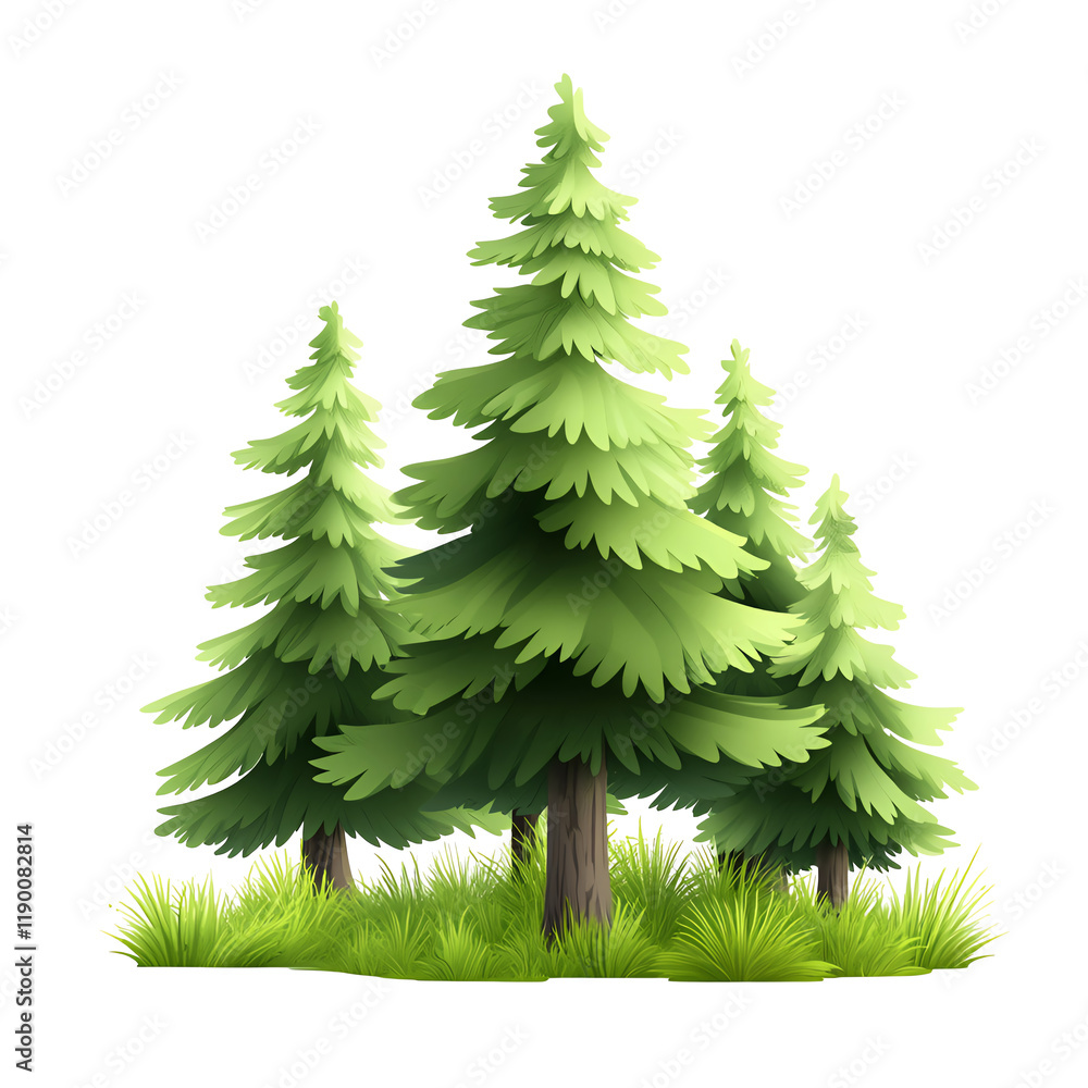 Canvas Prints pine trees isolated on white background with green grass details.
