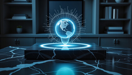 Futuristic holographic virtual assistant projection on sleek black marble desk in modern setting