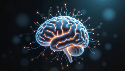 Close-up of a glowing digital brain with neural connections and soft light in a dark void, hyper-realistic style