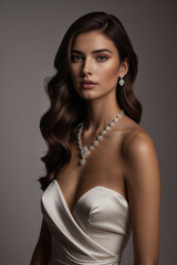 Brunette woman model with high end jewellery in dramatic studio lighting 