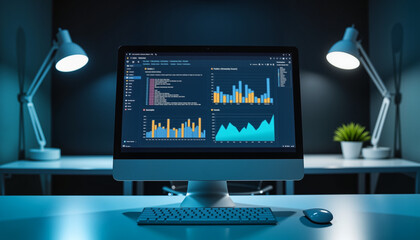 Naklejka premium Modern workspace with computer displaying data analysis charts and AI algorithms in soft, cool light