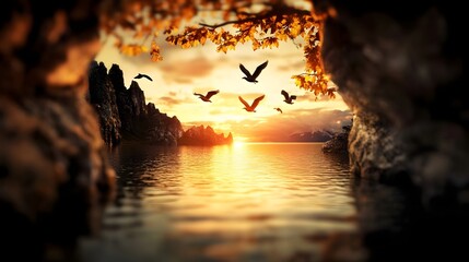 Scenic Sunset Lake Landscape Birds in Flight Autumn Leaves Golden Hour