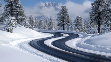 Fototapeta premium the winding road was filled with snow