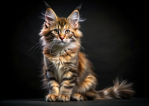 Intense brown eyes of a stunning tortie Maine Coon kitten, sharply captured against a black background.