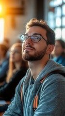 Obraz premium Young Man with Glasses Attending Lecture in Bright Classroom Setting